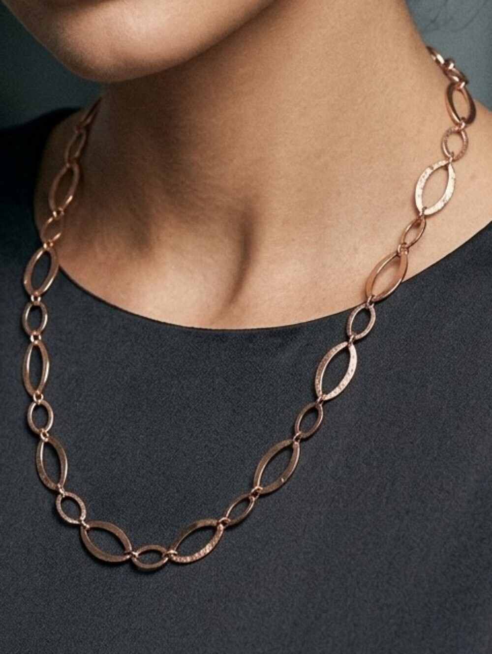 Rose Gold Almond Oval Link Chain Necklace 15" Drop
